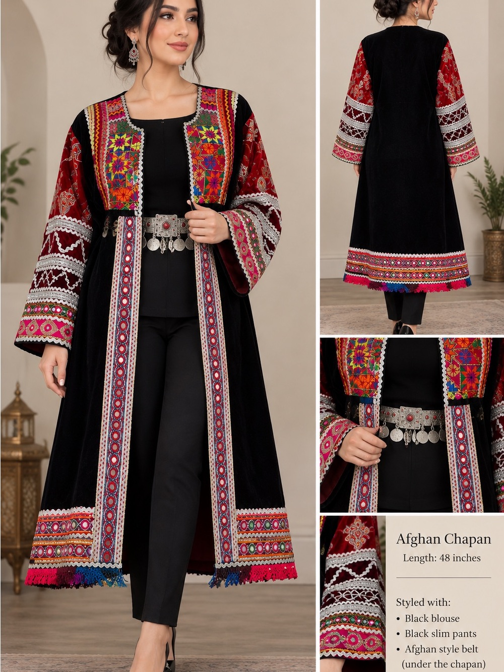 Embroidered Afghan Chapan Velvet Coat - Black with Multicolor Accents